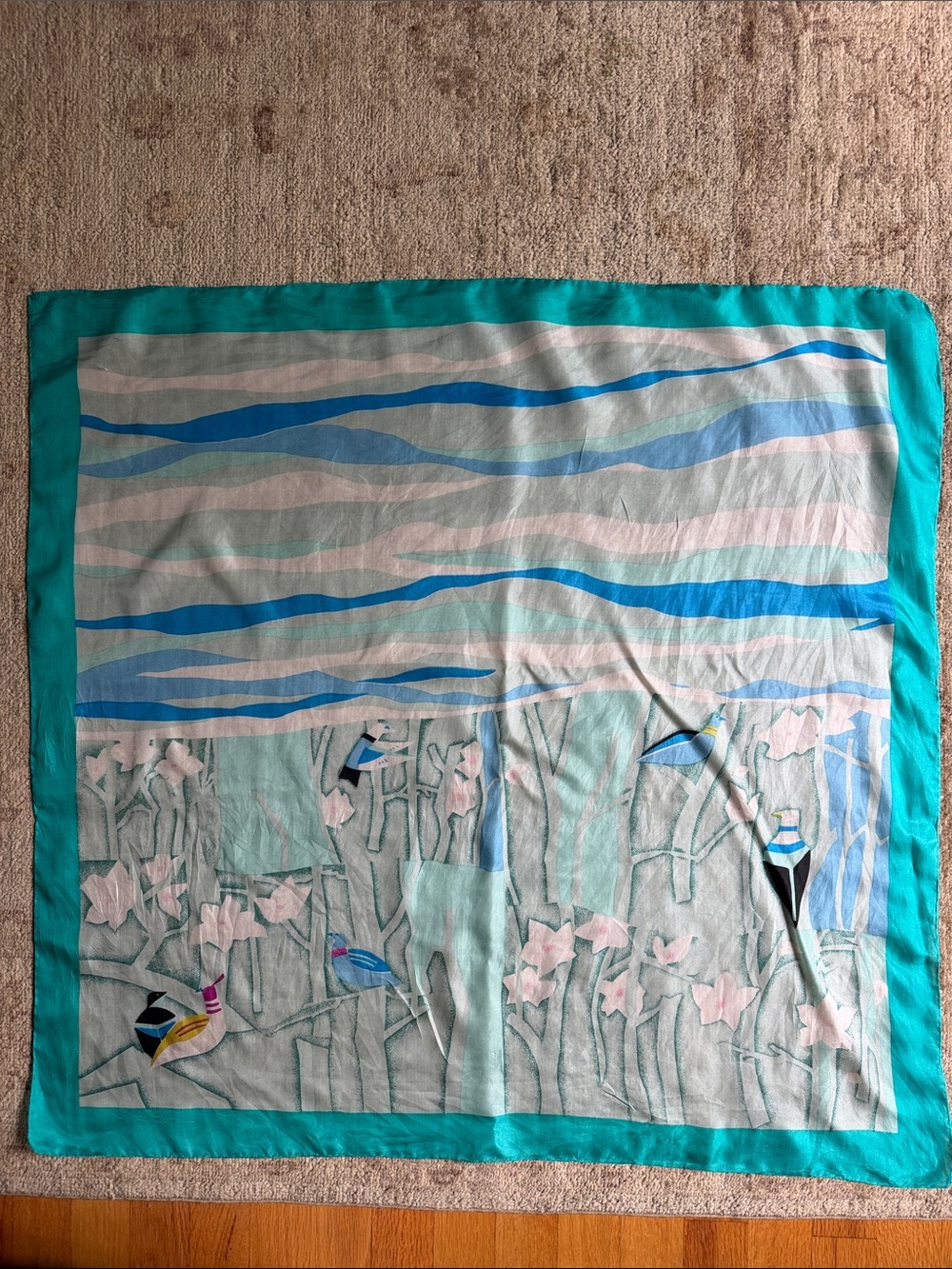 VTG Abstract Art Deco Avian Bird Flowy Silk Scarf Teal Waves Trees Square Retro - Picture 7 of 14